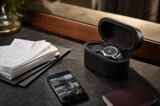 Watch travel case beside receipts and phone photos for insurance records