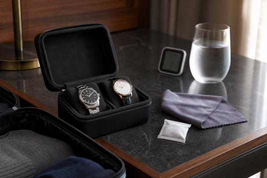 Travel watch case with watches, silica gel and humidity monitor on a hotel desk