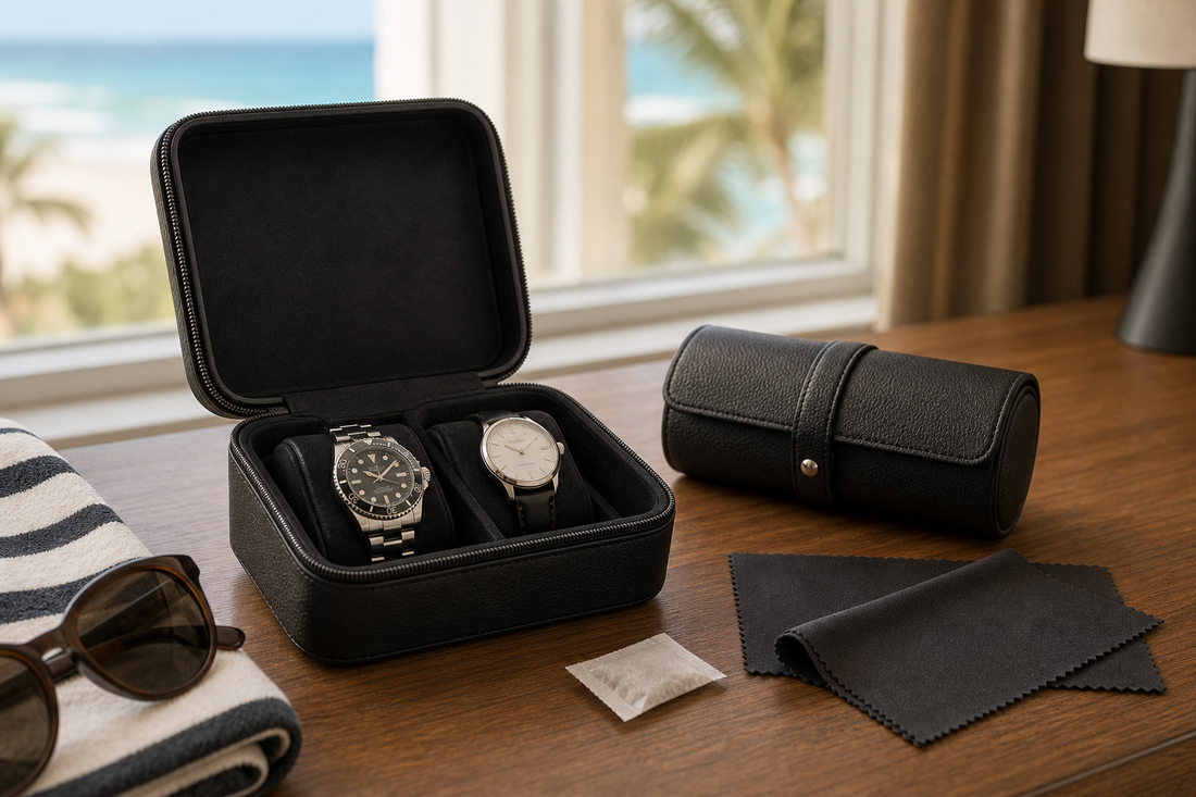 Open travel watch case and leather roll on a hotel desk for a beach holiday