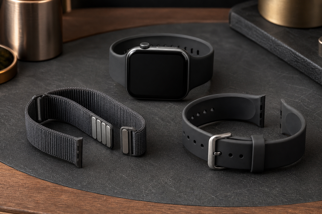 Unbranded smartwatch with magnetic and buckle Apple Watch bands compared on a charcoal desk