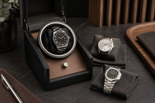 Single watch winder with one automatic watch mounted and two watches waiting beside it