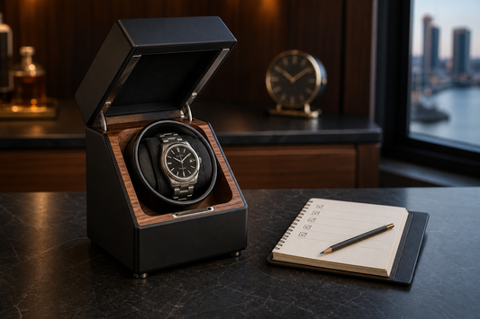 Watch winder with one automatic watch and a notebook for testing settings