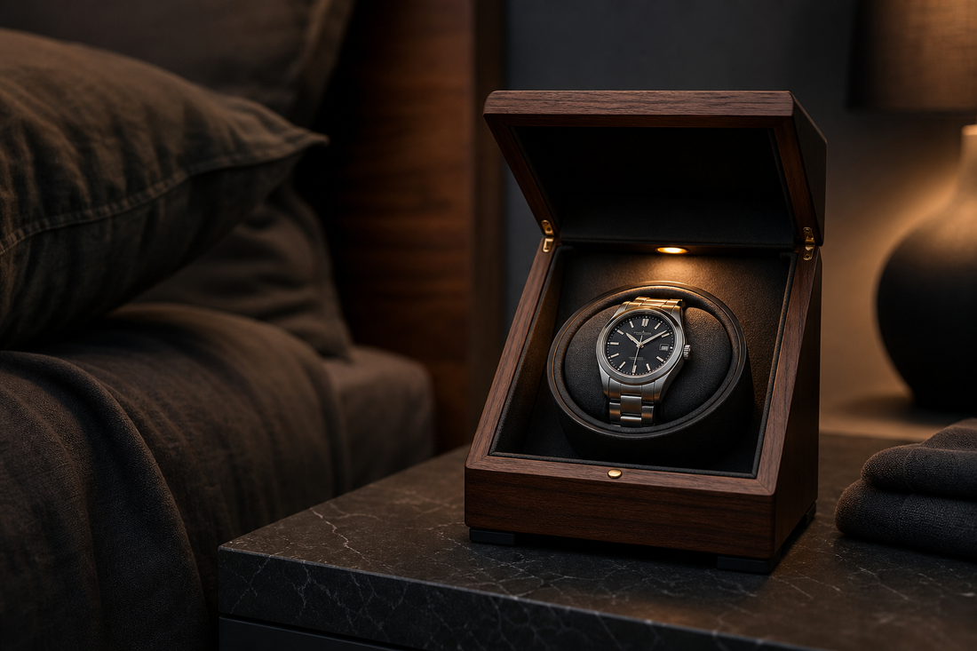 Watch winder with a subtle LED light on a bedside table