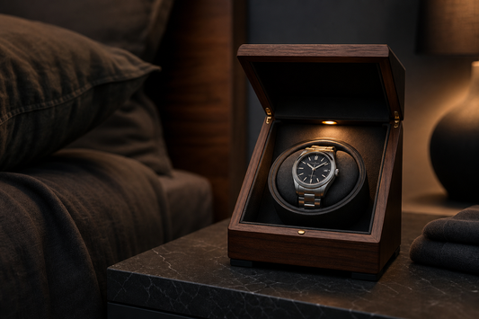 Watch winder with a subtle LED light on a bedside table