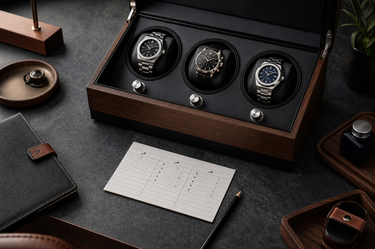 Multi-slot watch winder with watches and a TPD direction settings log