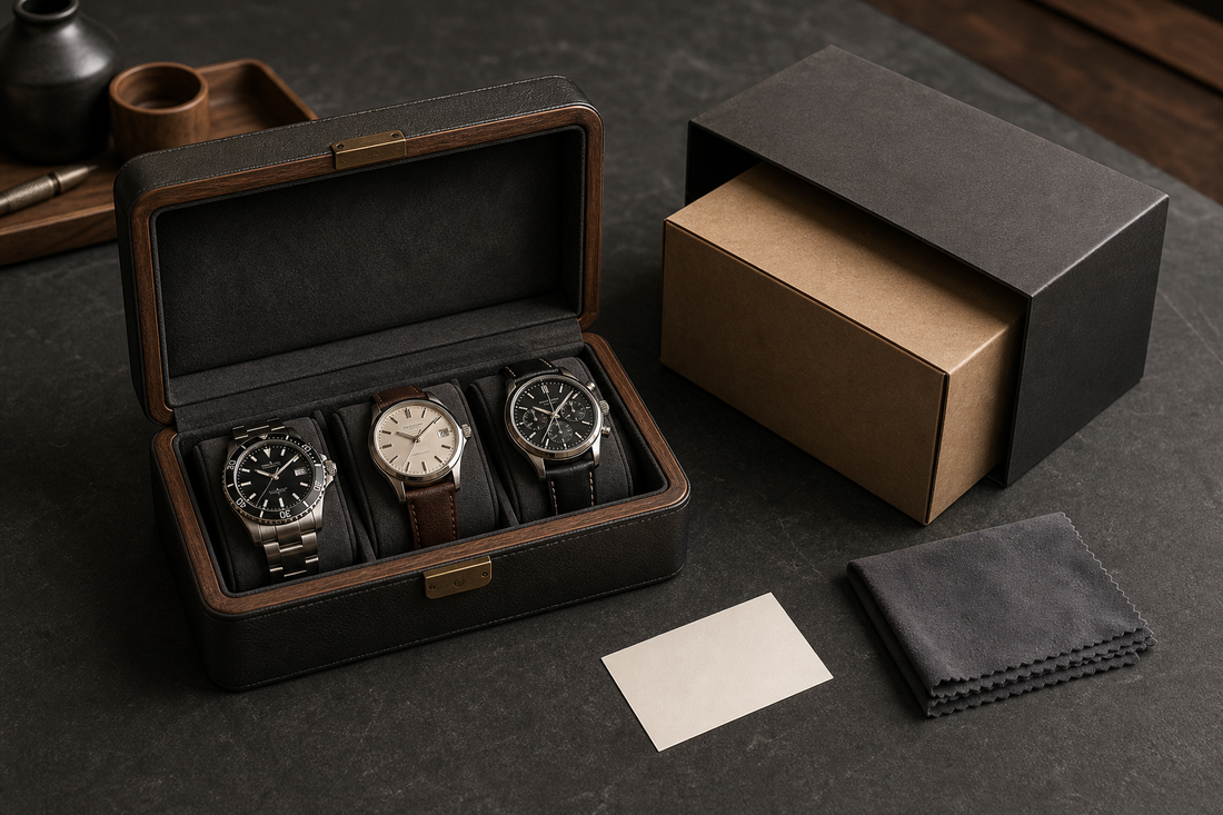 Watch box beside original watch packaging for everyday storage comparison