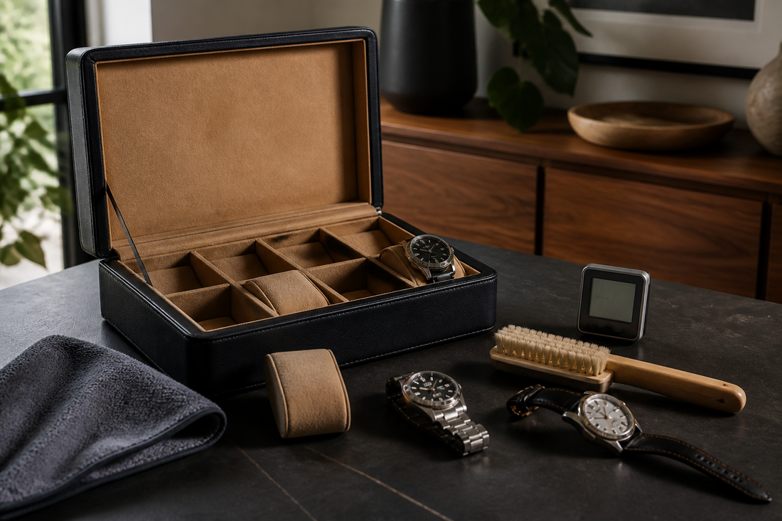 Leather watch box with soft brush, microfibre cloth and hygrometer for climate care