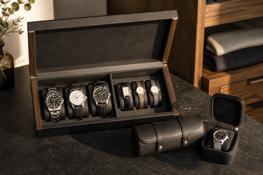 Shared couple watch collection organised in a divided watch box with travel roll and case