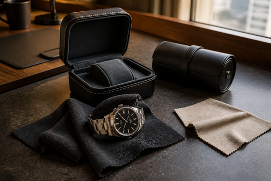 Wet watch drying on a microfibre cloth before packing into a travel case