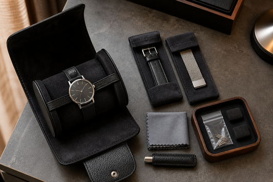 Watch roll with spare bands, microfibre cloth and separated watch accessories for travel packing