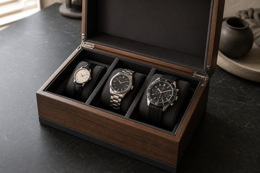 Three watches on different-size cushions in a wooden watch box