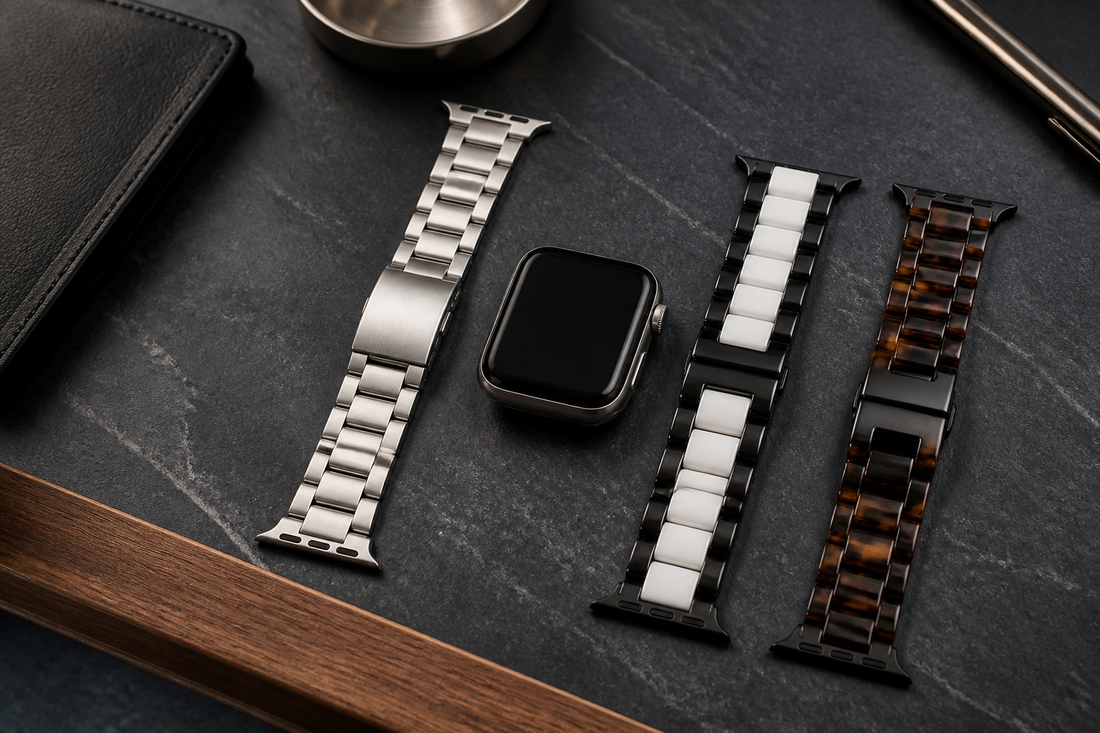 Metal, ceramic and resin Apple Watch bands arranged beside an unbranded smartwatch