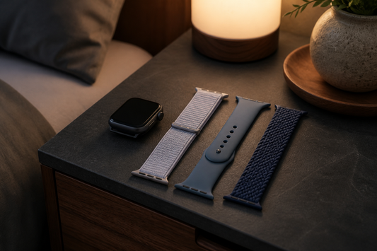 Unbranded smartwatch with soft nylon, silicone and braided bands on a bedside table for sleeping