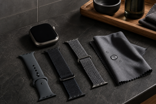 Unbranded smartwatch with silicone, nylon and braided bands beside a cloth for drying sweat and moisture