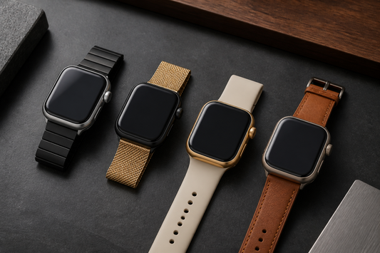 Unbranded smartwatches in silver, black, gold and titanium finishes with matching Apple Watch-style bands