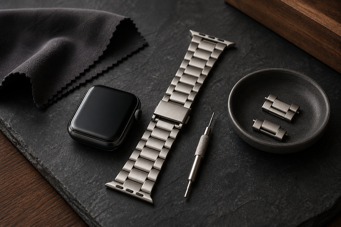 Metal Apple Watch-style band with adjustment tool and removed links on a charcoal work surface