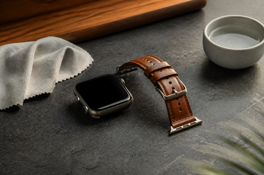 Brown leather Apple Watch-style band with cloth and water bowl on charcoal stone in summer light
