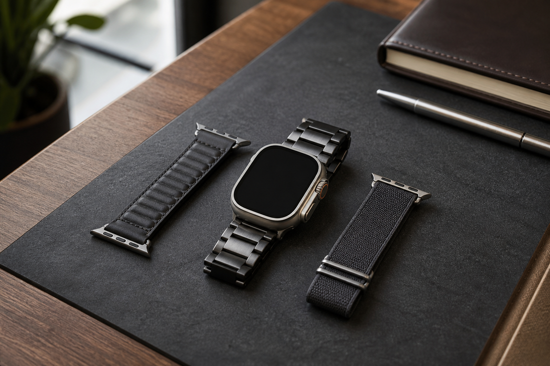 Apple Watch Ultra-style smartwatch with metal leather and nylon office bands on a charcoal desk