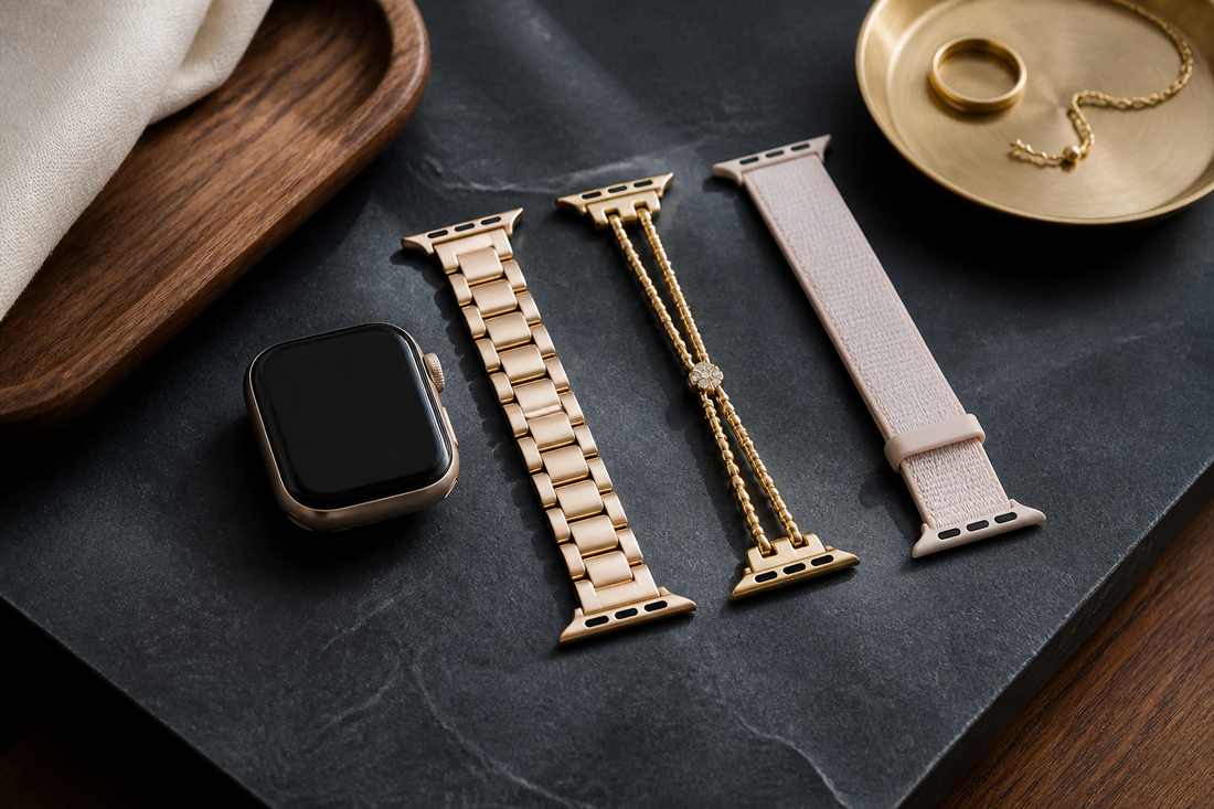 Apple Watch-style bands in slim metal, jewellery and everyday styles on a charcoal desktop