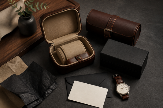 Watch case, watch roll and small watch box arranged as gift options on charcoal stone