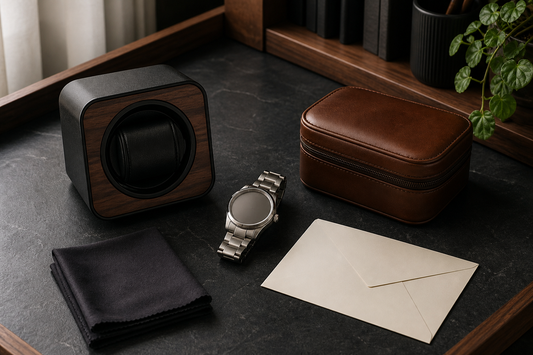 Automatic watch with single watch winder, travel case, cloth and gift envelope on charcoal stone