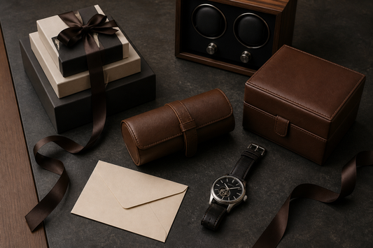 Milestone birthday watch gift flat lay with leather roll, watch box, winder, blank card and ribbon