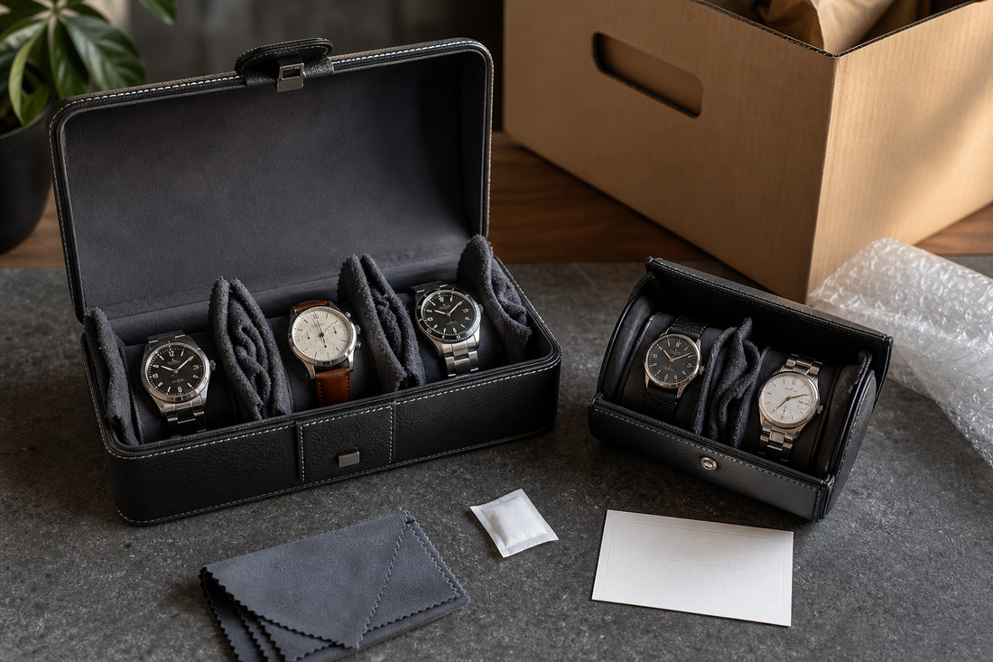 Watch collection packed in a leather case and roll beside moving box, cloth, silica gel and inventory card