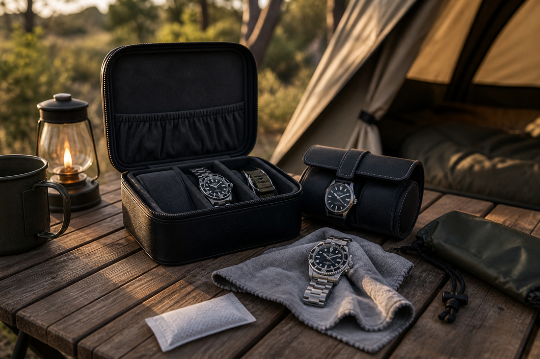 Watch case and watch roll on a campsite table with cloth, dry pouch and silica gel