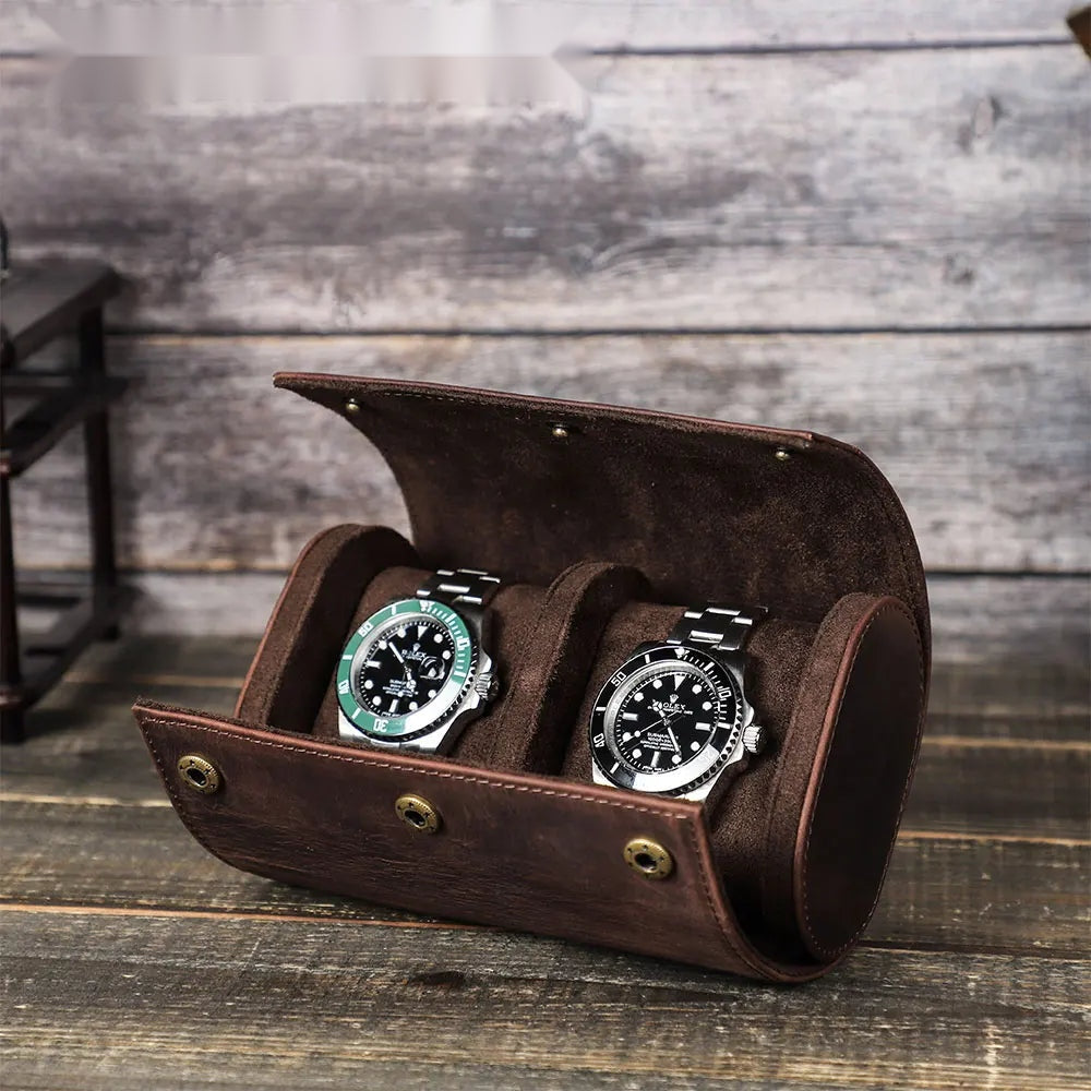 Vintage Genuine Leather 2-Slot Watch Roll Case with Metal Button Closure