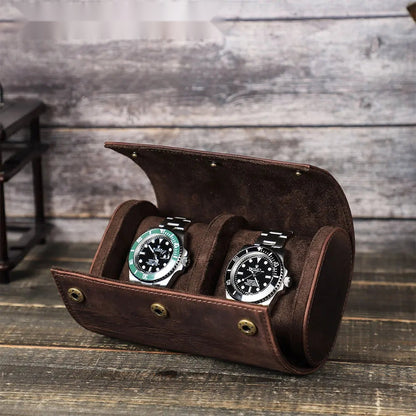 Vintage Genuine Leather 2-Slot Watch Roll Case with Metal Button Closure