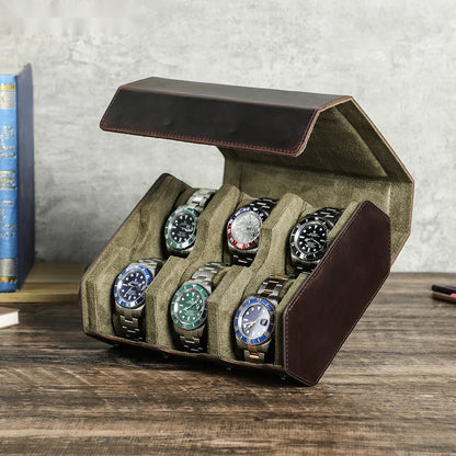 Exquisite Genuine Leather 6-Slot Watch Roll Box - Display Case and Storage Organizer for Men