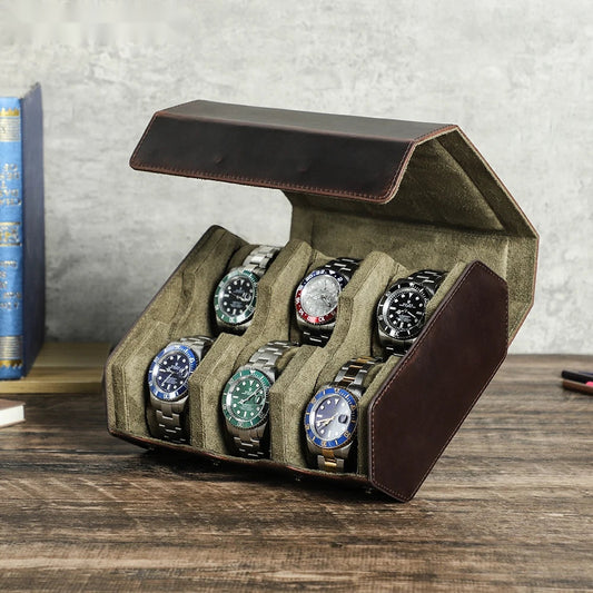Exquisite Genuine Leather 6-Slot Watch Roll Box - Display Case and Storage Organizer for Men