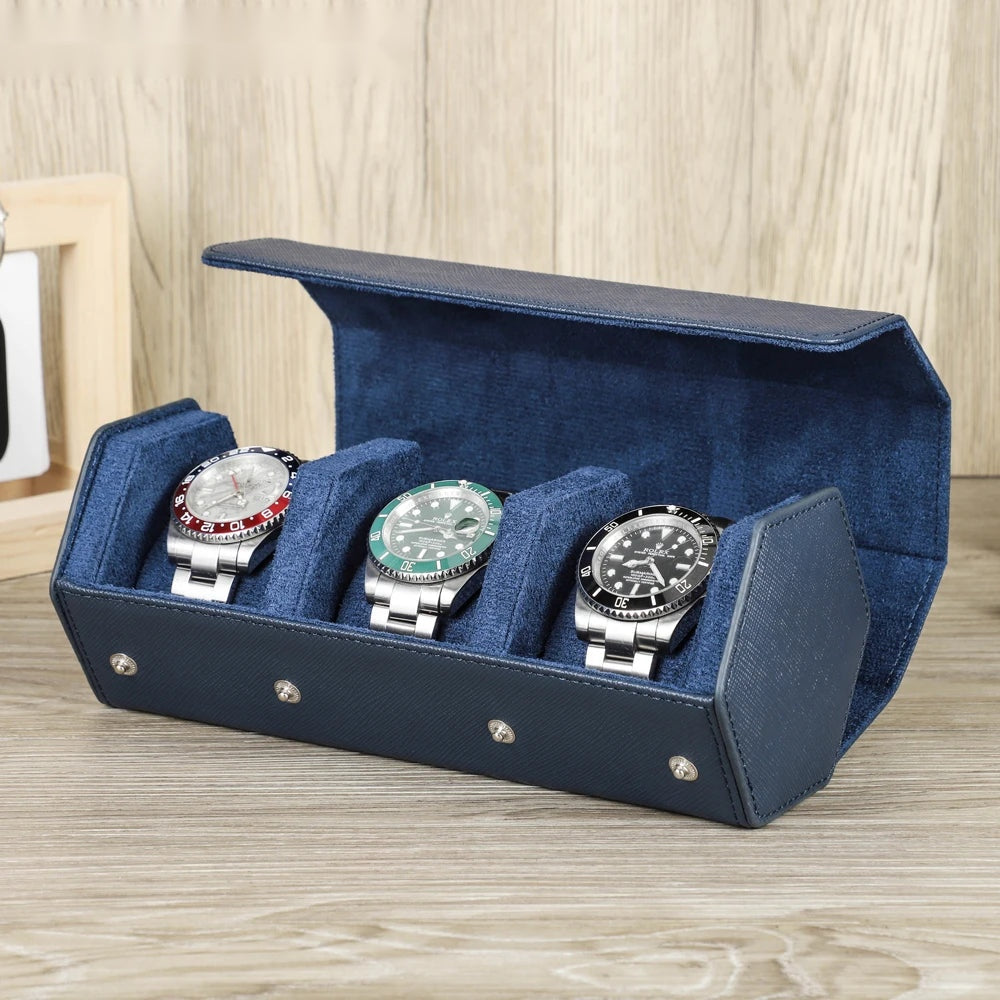 Saffiano Genuine Leather 3-Slot Watch Roll Case - Portable Hexagon Watch Storage Box