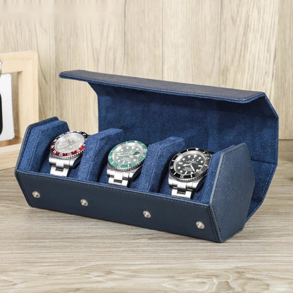 Saffiano Genuine Leather 3-Slot Watch Roll Case - Portable Hexagon Watch Storage Box