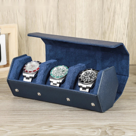 Saffiano Genuine Leather 3-Slot Watch Roll Case - Portable Hexagon Watch Storage Box