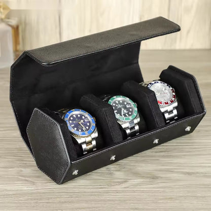 Saffiano Genuine Leather 3-Slot Watch Roll Case - Portable Hexagon Watch Storage Box