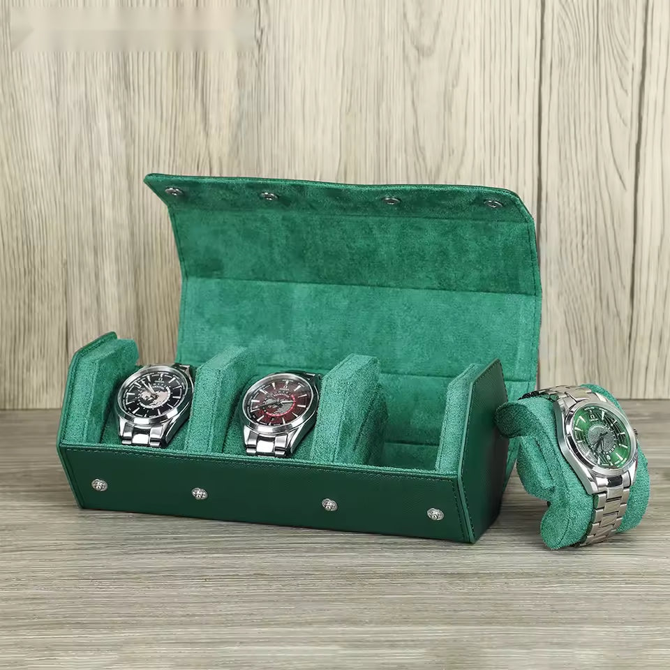 Saffiano Genuine Leather 3-Slot Watch Roll Case - Portable Hexagon Watch Storage Box