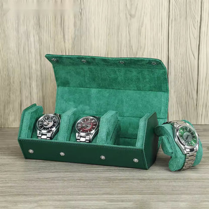 Saffiano Genuine Leather 3-Slot Watch Roll Case - Portable Hexagon Watch Storage Box