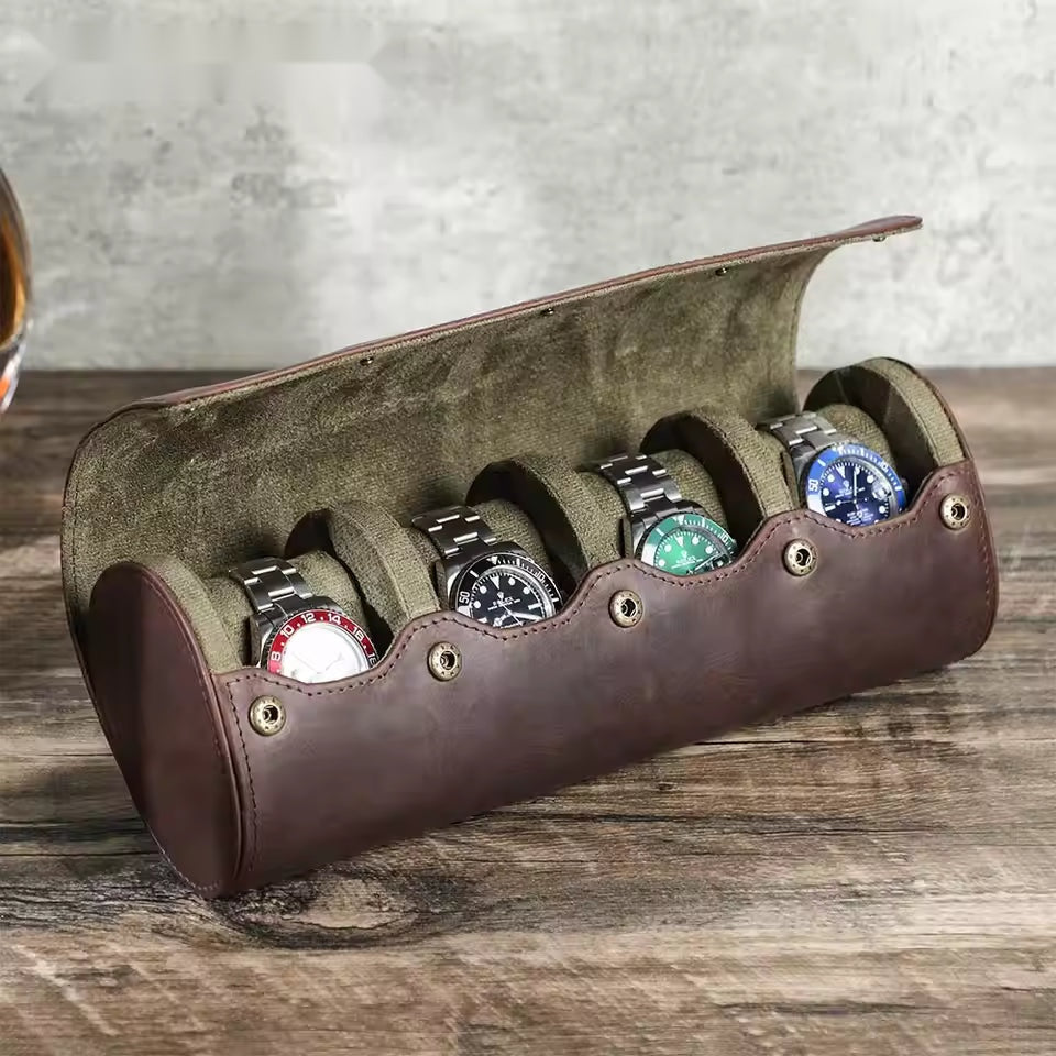 Cowhide Leather 4-Slot Travel Watch Roll
