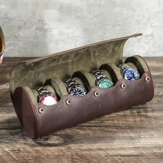 Cowhide Leather 4-Slot Watch Roll Case - Portable Travel Watch Organizer