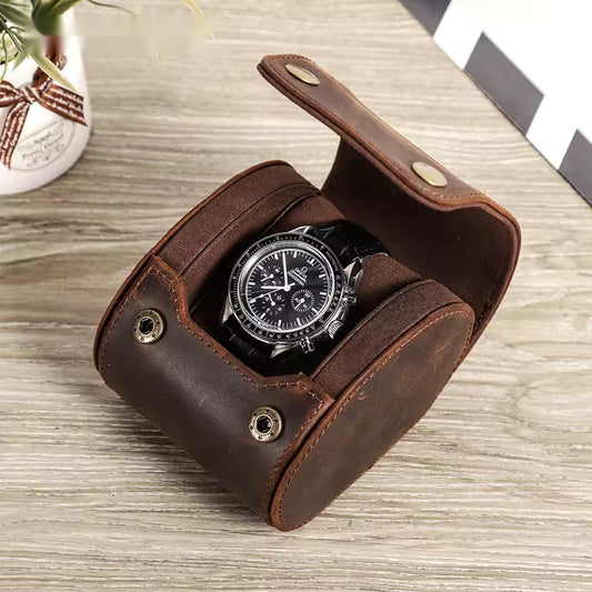 Single Slot Luxury Leather Watch Roll Case - Snap Button Closure Watch Case