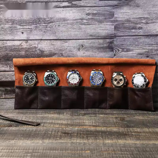 6-Slot Men's Vintage Leather Watch Roll Case