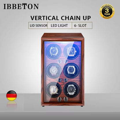 1/2/4/6 Slots Mechanical Wooden Watch Winder - Luxury Wood Watch Box with LED Light and Sensor