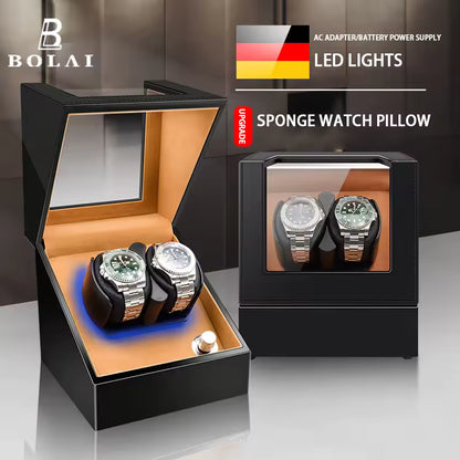 1/2 Slots Watch Winder with LED Light - PU Leather, Wood Watch Box
