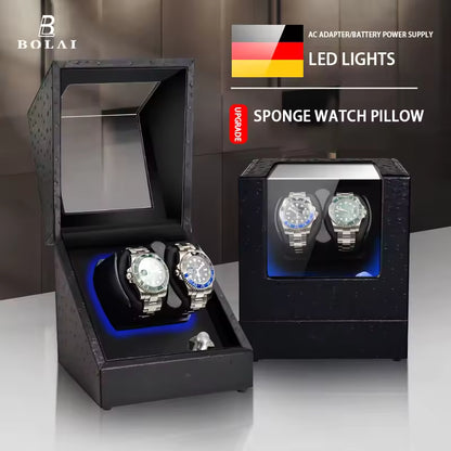 1/2 Slots Watch Winder with LED Light - PU Leather, Wood Watch Box
