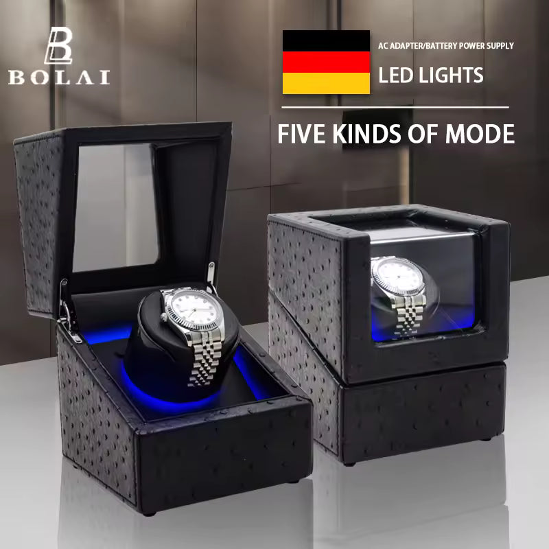 1/2 Slots Watch Winder with LED Light - PU Leather, Wood Watch Box