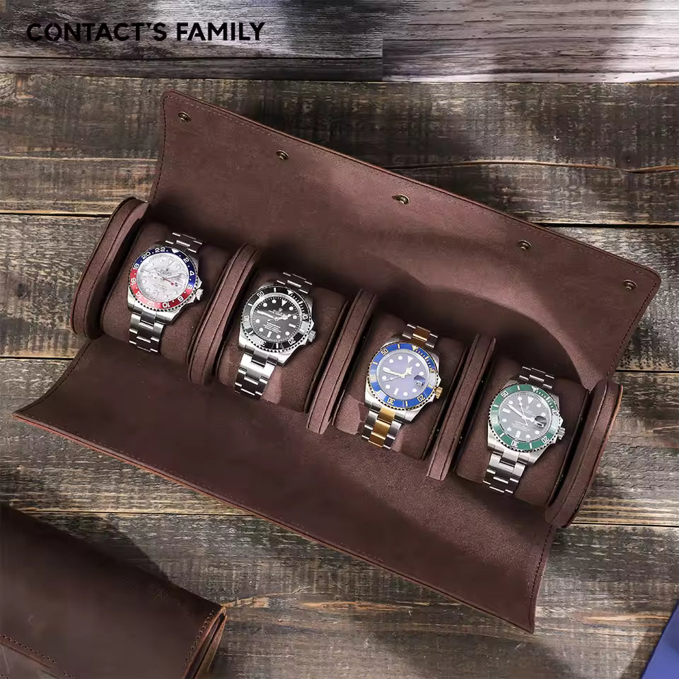 4-Slot Luxury Genuine Leather Watch Roll Case - Soft Protection Watch Organizer