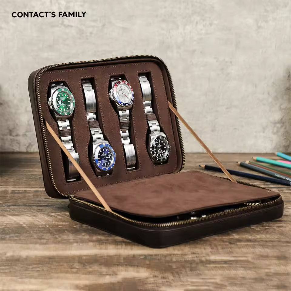 1/4/8 Slots Crazy Horse Cowhide Leather Watch Case - Portable Watch Box with Card Holder Pocket
