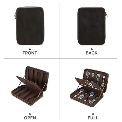 1/4/8 Slots Crazy Horse Cowhide Leather Watch Case - Portable Watch Box with Card Holder Pocket