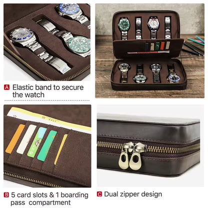 1/4/8 Slots Crazy Horse Cowhide Leather Watch Case - Portable Watch Box with Card Holder Pocket